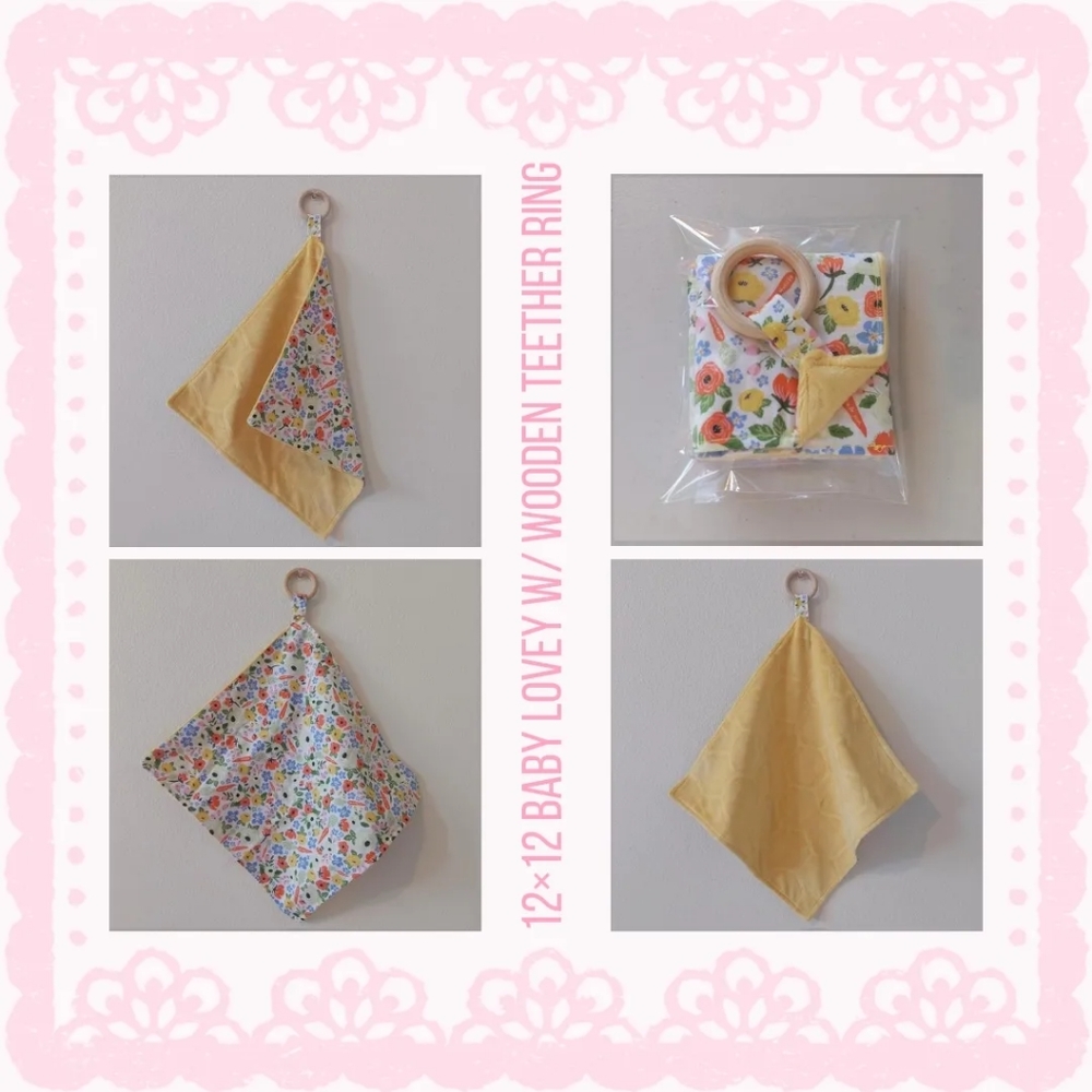 HANDMADE FLORAL BABY LOVEY W/WOODEN TEETHER RING